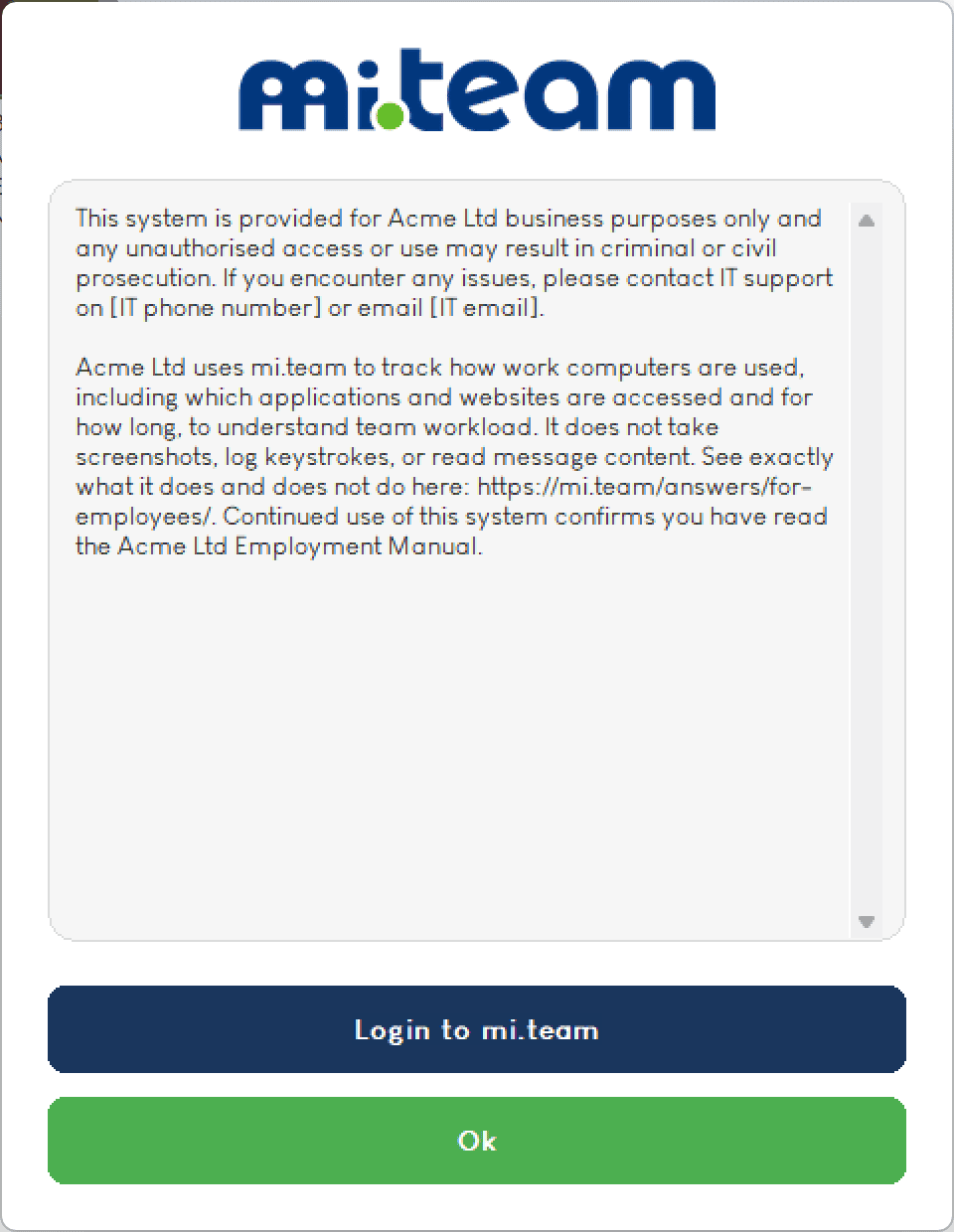 Example of the mi.team disclaimer pop-up