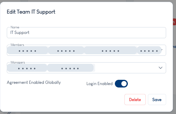 mi.team Edit Team modal showing Name, Members, Managers fields and the Agreement/Login toggles