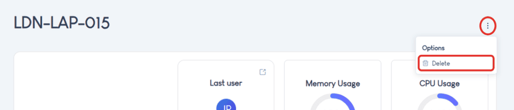 Screenshot: device page with the Options menu open and Delete showing