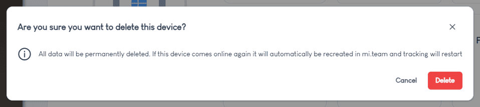 Screenshot: the delete device confirmation box